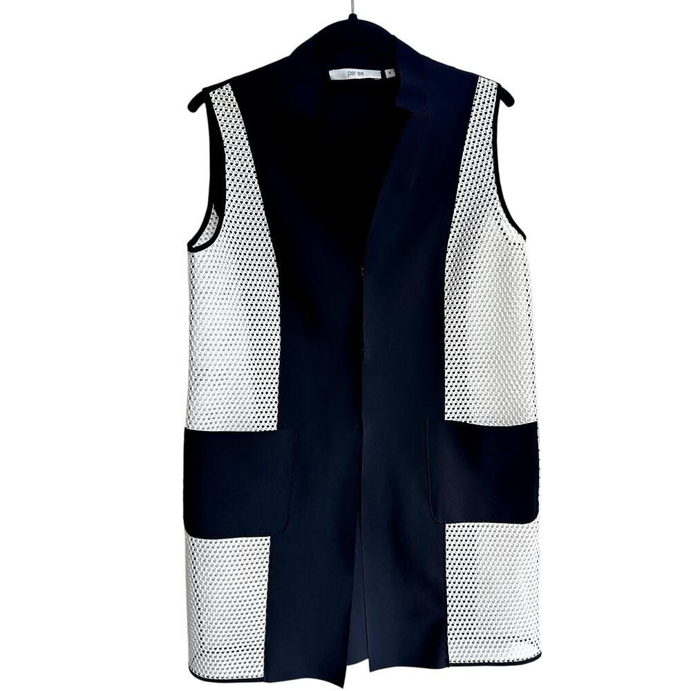 Per Se Sz 4‎ Tunic Vest Sculptural Mesh Layer Black White Minimalist Statement